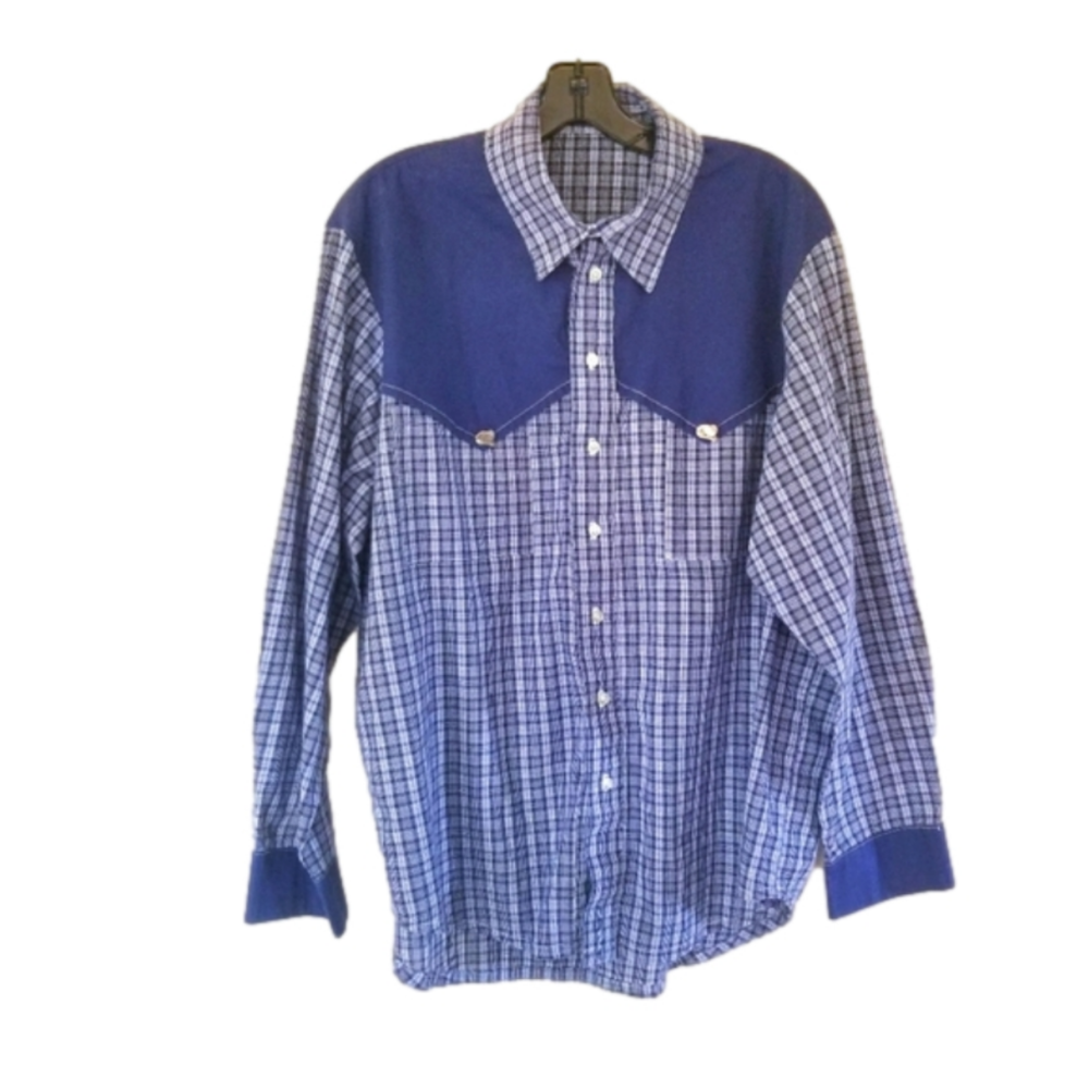 Handmade Western Shirt Cowboy Hat Embellished Plaid Navy Button down Size Large